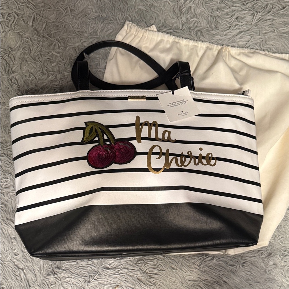 Kate Spade MaCherie Black and White Tote with Cherry Embroidery